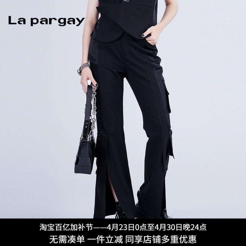 纳帕佳高腰口袋长款开叉喇叭裤2024春夏新款女式黑色个性休闲裤子