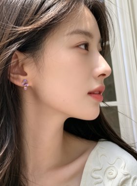 紫藤花朵~珐琅滴釉花朵耳钉女小众轻奢耳饰无耳洞无痛硅胶耳夹