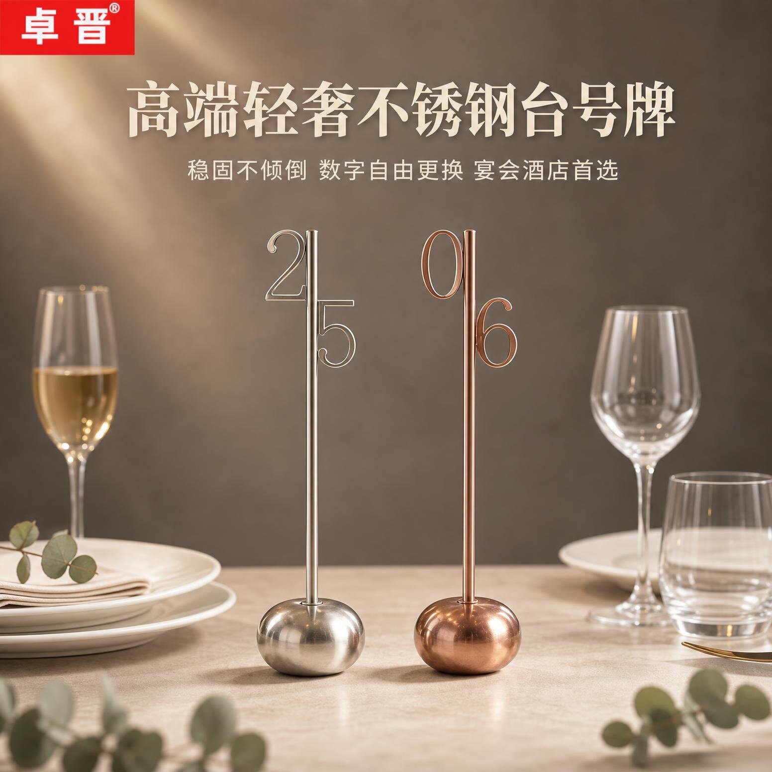 卓晋高端轻奢不锈钢台号牌婚礼宴会桌号牌餐牌座可更换数字宴会牌