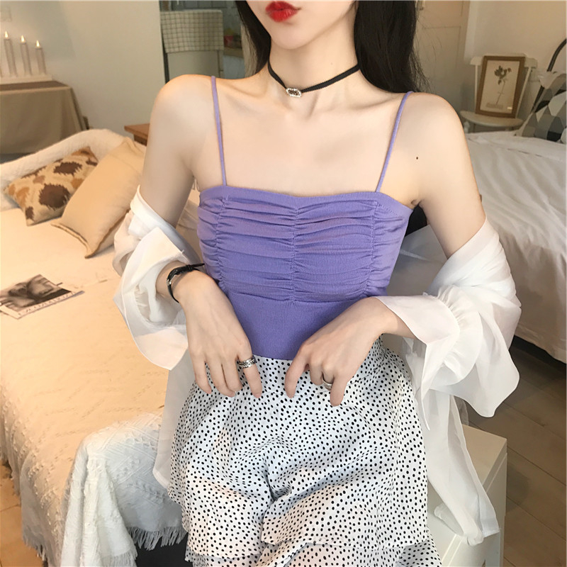 Real shot real price summer new Korean knitted suspender vest with pleated and versatile bottom coat