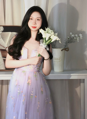 紫色法式碎花仙女纱裙高级定制