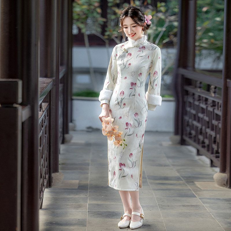 郁金香提花旗袍裙新款2025秋冬季新中式旗袍连衣裙加绒长袖旗袍裙