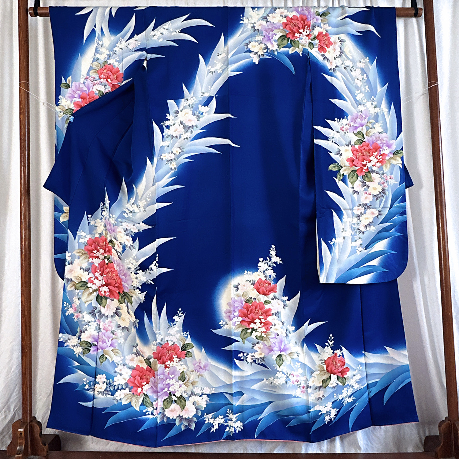 日本正统成品和服 正绢 振袖 蓝色 花草纹和服礼服