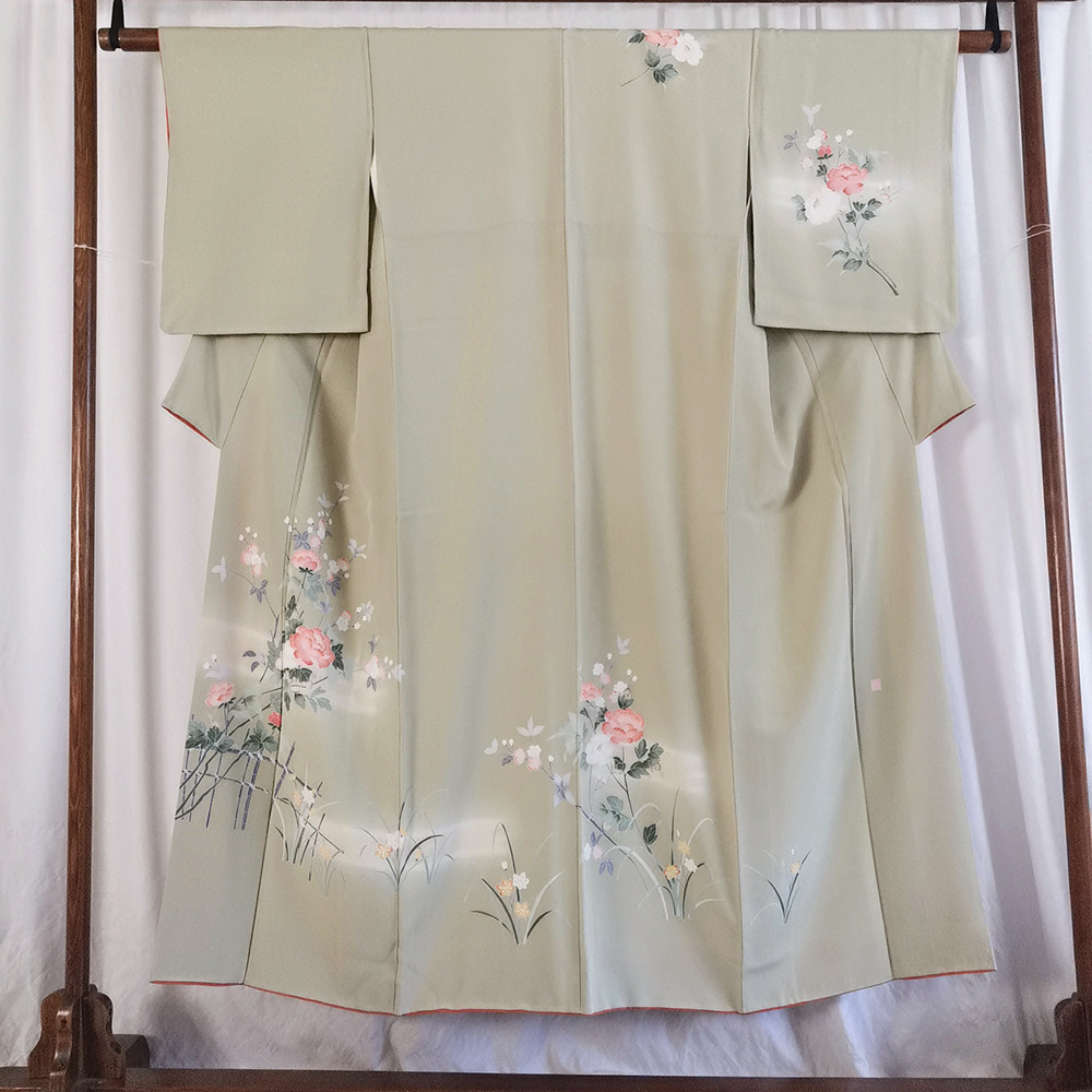 日本正统成品和服 正绢 访问着 友禅染 旗袍汉服倒大袖改衣布料