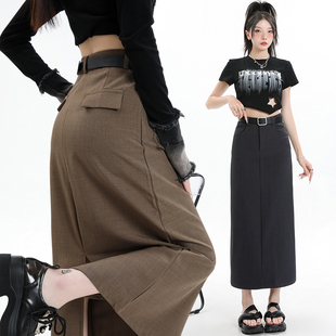 实拍西装 后开叉a字黑色裙子 辣妹jk2025鱼尾高腰松紧包臀法式