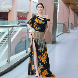 迷迭舞原创新款肚皮舞服装连衣裙水纱印花东方舞蹈表演服开叉连体