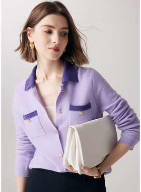 PALUOPO/帕罗山羊绒翻领拼色外套软糯羊绒衫女ET23862R