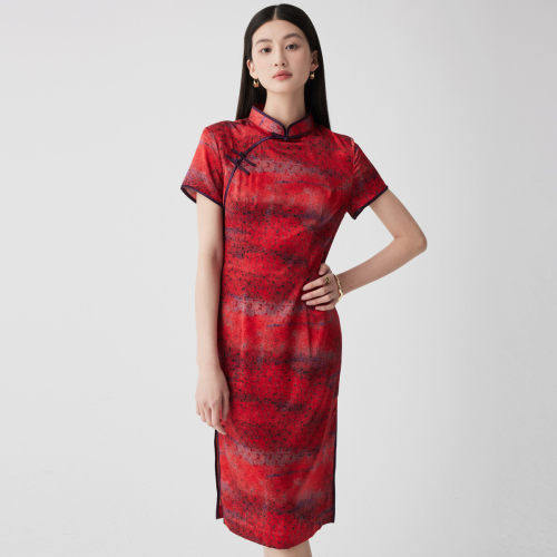 PALUOPO/帕罗蚕丝水墨晕染盘扣立领短袖旗袍女ES2F0680Z
