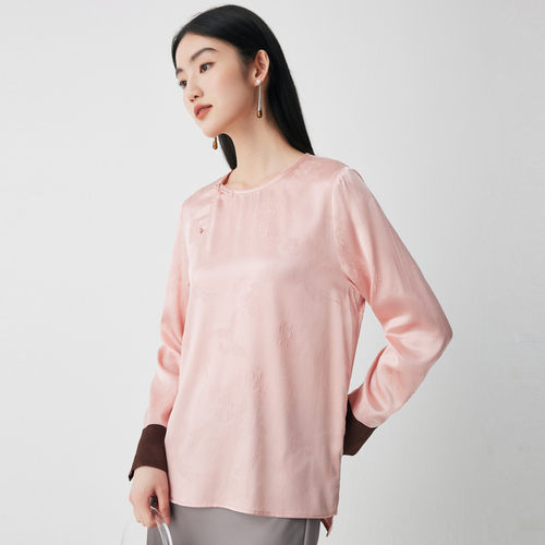 PALUOPO/帕罗夏季圆领国风提花长袖上衣桑蚕丝衬衫女ES2F0202Z