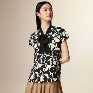 PALUOPO/帕罗桑蚕丝系带领复古印花显瘦短袖T恤女ES2F0293Z