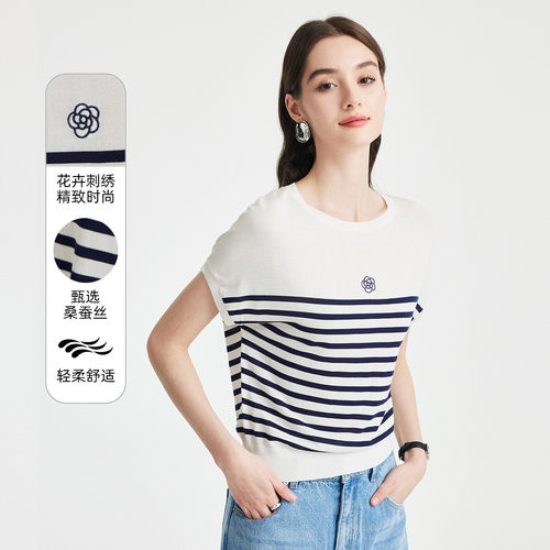 PALUOPO/帕罗含蚕丝花卉刺绣轻柔亲肤条纹圆领针织T恤女ES250779M