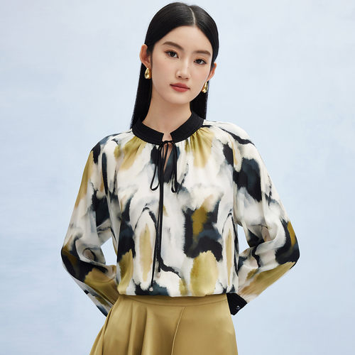 PALUOPO/帕罗夏季重磅桑蚕丝系带领印花百搭长袖衬衫女ES2F0203Z