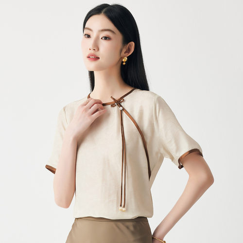 PALUOPO/帕罗新中式圆领高级感流苏百搭休闲短袖T恤女ES2F1029Z