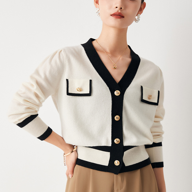 PALUOPO/帕罗秋冬V领撞色领边小香风针织羊绒开衫女ET22338R-B