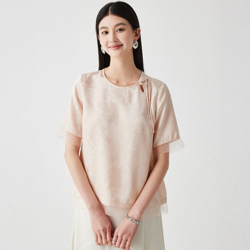 PALUOPO/帕罗圆领流苏舒适真丝拼接小衫女式T恤ES2F1123Z