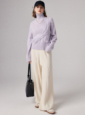 PALUOPO/帕罗秋冬高领落肩袖设计感立体绞花羊绒衫ET23915R