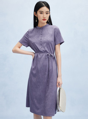 PALUOPO/帕罗小翻领系带收腰纯色时尚桑蚕丝连衣裙女ES2F0253Z