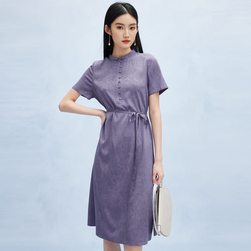 PALUOPO/帕罗小翻领系带收腰纯色时尚桑蚕丝连衣裙女ES2F0253Z