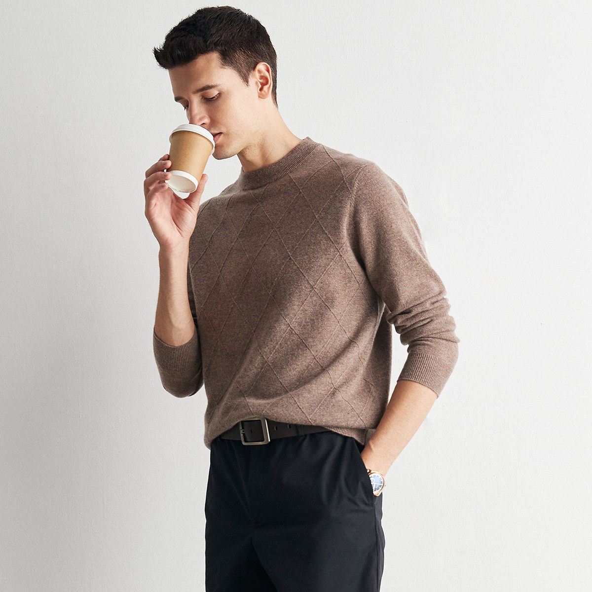 PALUOPO/帕罗山羊绒秋冬圆领菱格羊绒衫男ET20381R-A