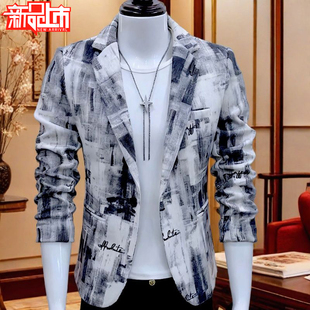 2025新款秋冬款男士小西服韩版修身休闲帅气印花单西青年西装外套
