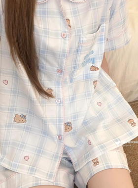 新款夏可爱kitt天丝棉篮色格子少女睡衣短袖短裤家居服大学生套装