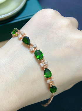 银镀金时尚简约透辉石手链镶嵌椭圆6*8mm透辉石手链礼物