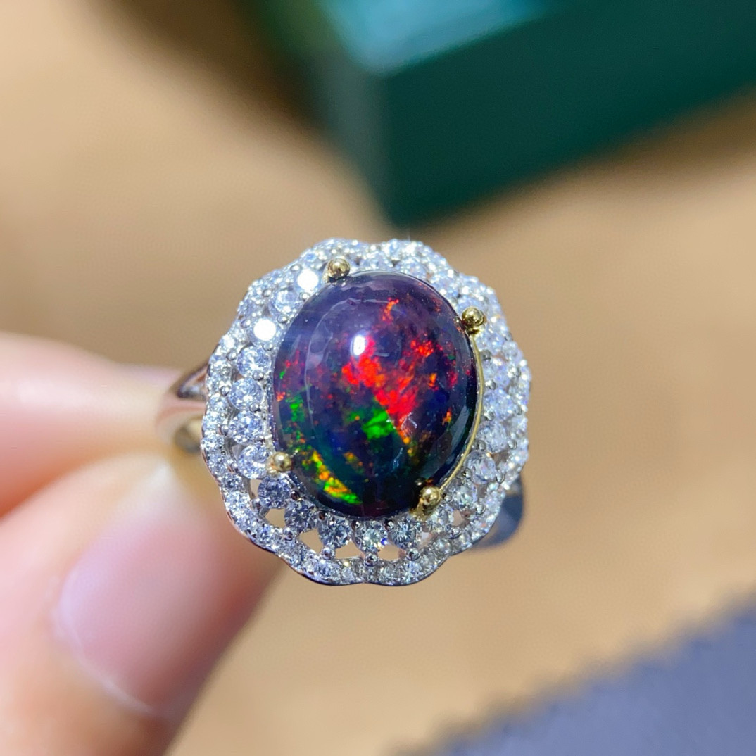 新款925纯银镀白金镶嵌天然黑欧泊吊坠欧泊项坠10*12mm火彩漂亮女