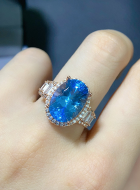 天然托帕石瑞士蓝戒指女宝石银指环戒子首生日送女友礼原石