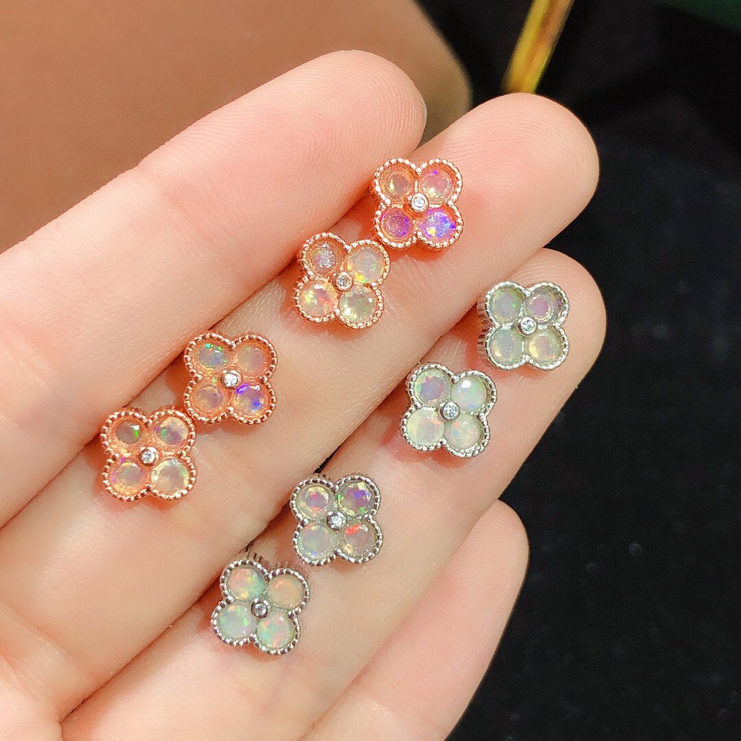 天然炫彩欧泊耳钉925银镀金欧泊耳钉款式任选裸石 特惠幸运草耳环