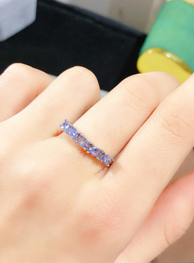 新款天然坦桑尼亚坦桑石戒指925银镀金镶嵌3*4开口简约戒指