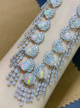 新款天然炫彩白欧泊项链爆闪满火彩S925银精工镶嵌配带证书