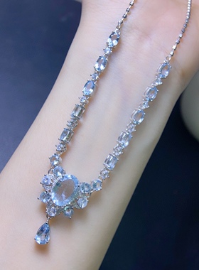 天然海蓝宝项链晶体干净！主石8*12，4*6，4mms925银镶嵌 ！