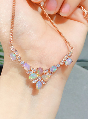 精品彩宝天然欧珀纯银镶嵌吊坠项链 女款彩宝饰品礼物火彩好