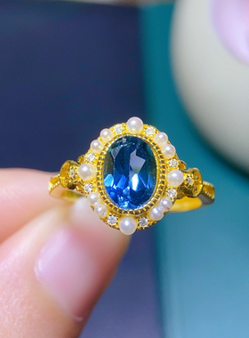 纯天然伦敦蓝蓝托帕石戒指主石尺寸6*8mm925银精工镶嵌