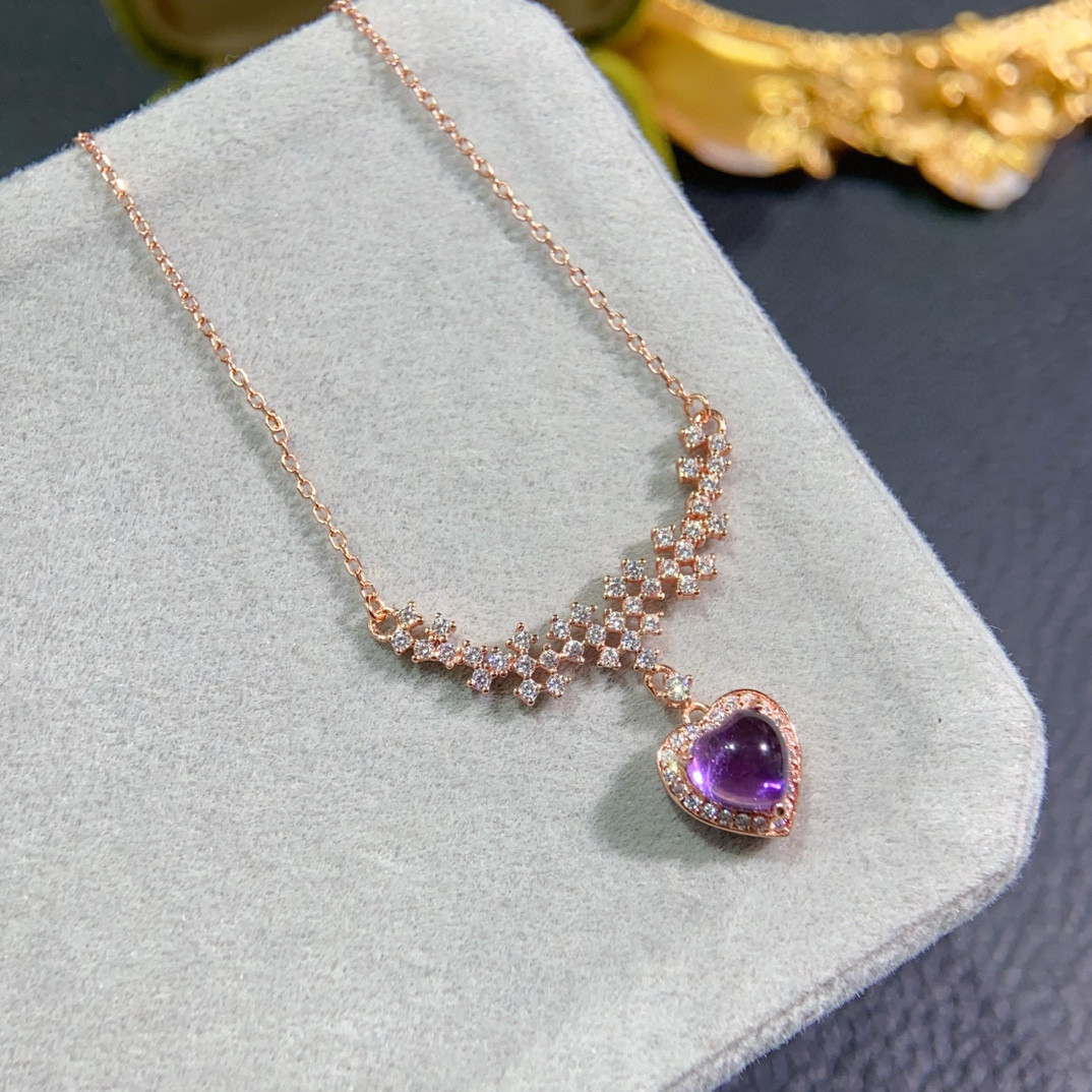 紫水晶吊坠纯天然紫水晶项链吊坠纯银女紫色宝石原石高档大气百搭