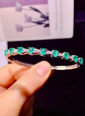 哥伦比亚祖母绿手镯925银镀白金开口设计支持检测送闺蜜生日礼物