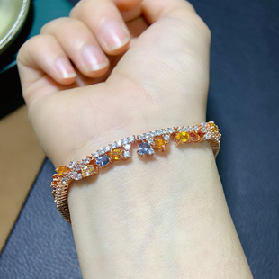 纯天然彩蓝宝手链超粉嫩晶体通透5A级宝石尺寸3*4mm925银精工镶嵌