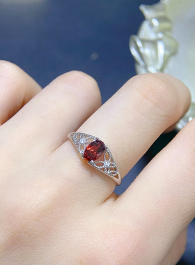 银镀18K金戒指石榴石时尚流行款式珠宝椭圆4*6mm天然石榴石