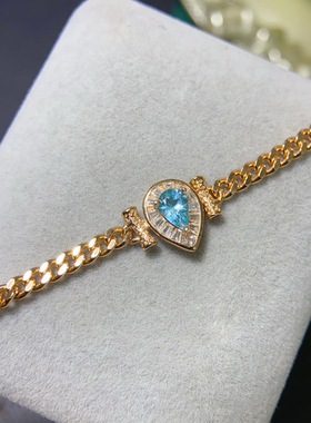 水滴裸石天然蓝磷灰石手链女款银镀 18k金镶嵌天然宝石 古巴手链