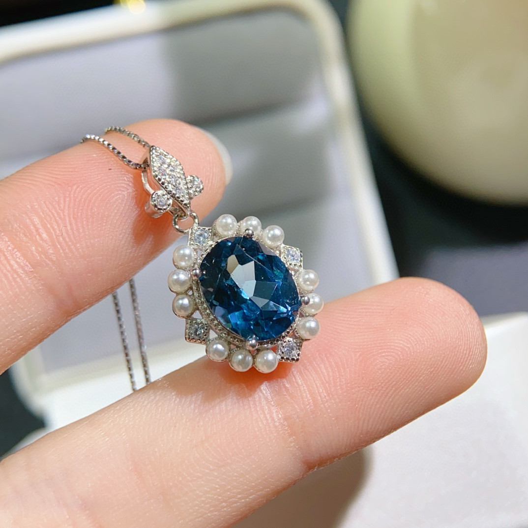 蓝托帕石项链天然瑞士蓝吊坠蓝色天然彩宝纯银2024年新款百搭时尚