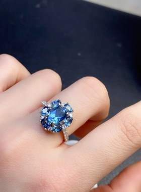 纯天然伦敦蓝蓝托帕石戒指主石尺寸：3*4、6*7mm925银精工镶嵌