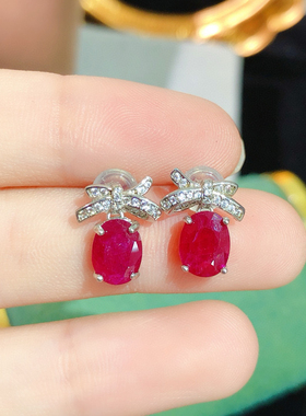 S925银镶泰国天然红宝石耳环耳扣精致时尚鸽血红宝石耳圈耳坠高级