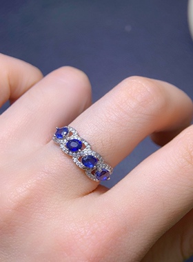 天然老烧蓝宝石戒指出货颜色好S925银精工镶嵌主石尺寸3*4mm