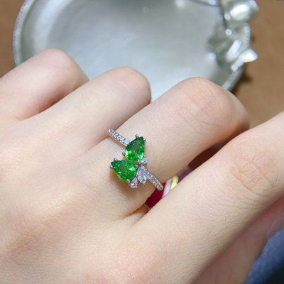 天然沙弗来戒指绿色宝石指环活口925白金玫瑰金黄金色清新