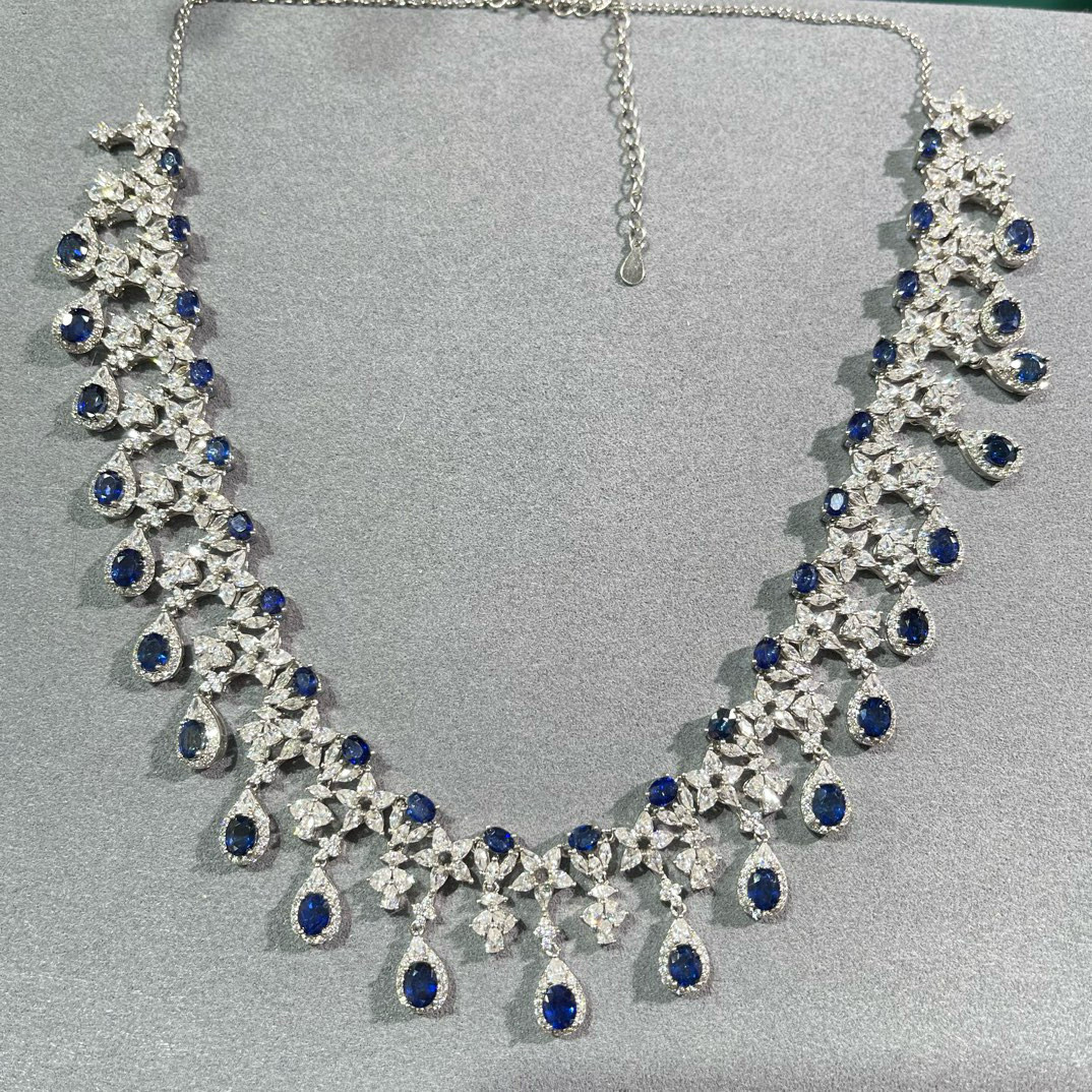 天然斯里兰卡蓝宝石套链项链 925银豪华款项链 项链空托 大气