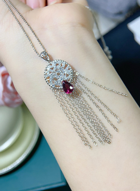 S925纯银双色流苏石榴石吊坠托水滴复古18K女银托5*7MM宫廷七