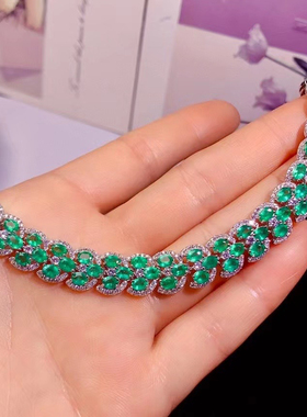 天然哥伦比亚祖母绿手链火彩爆闪颜色浓绿4*3mm925银镀白金镶嵌