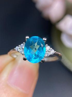 天然蓝托帕石戒指活口女款水晶宝石指环纯银托珠宝小清新流行饰品