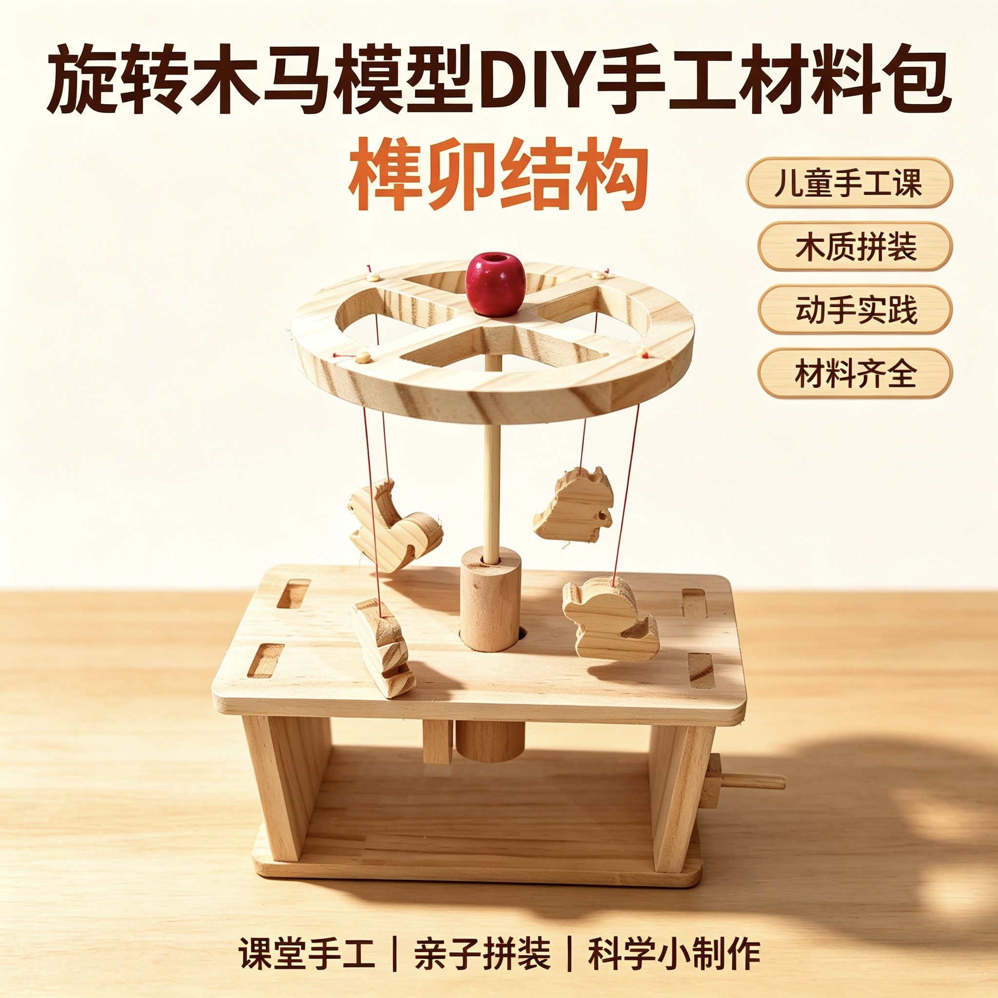 小学生科技制作旋转木马实木DIY教具材料包木质榫卯模型儿童玩具