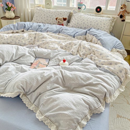A类皱皱双层纱全棉花边四件套
